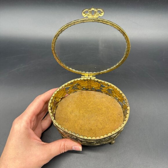 Vintage Jewelry Casket Box Floral Gold Tone Metal Glass Rose Flower Trinket Dish - Picture 4 of 10